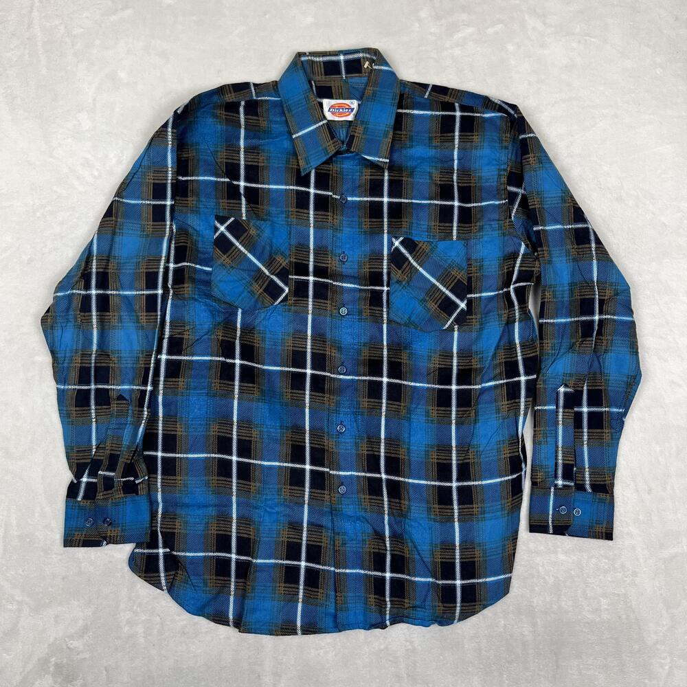 Vintage Dickies Shirt Mens XL Blue Plaid Flannel Long Sleeve Button Front